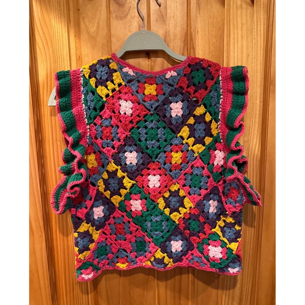 FARM Rio Crochet Square Vest Multicolor Ruffle Sleeve Medium - Picture 4 of 7